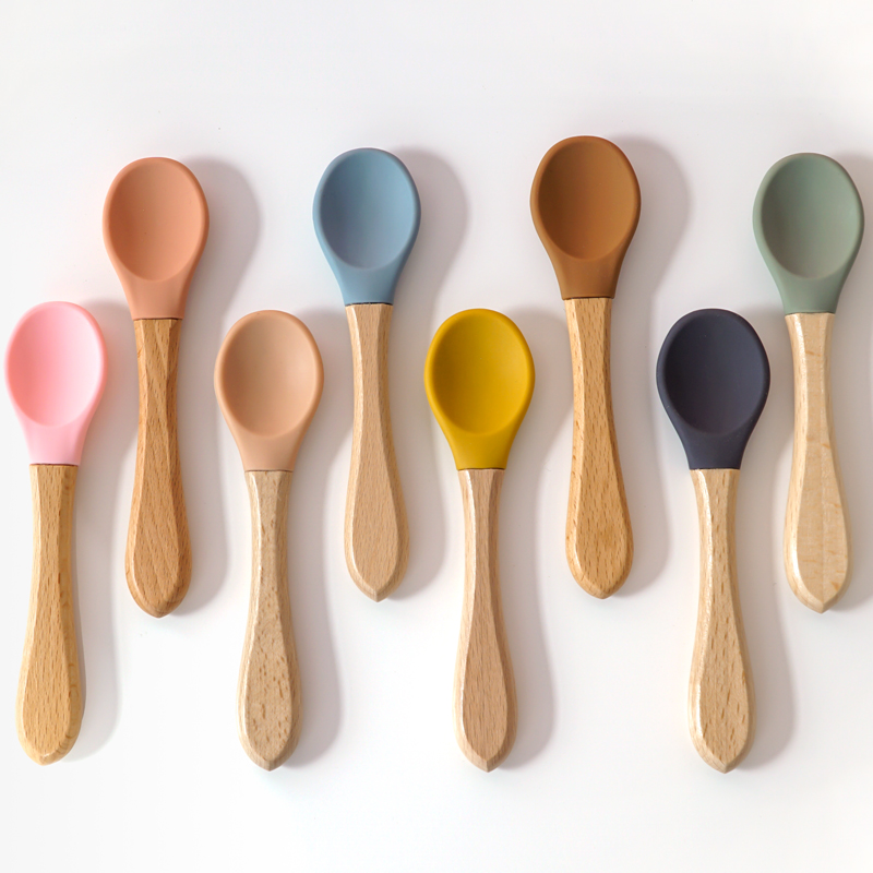 Baby Food Eating - Feeding Wooden Handle Silicone Spoon For